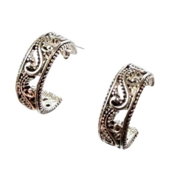 Y2K Silver Tone Textured Filagree Hoop Earring 3/4" Nickel Free Hypoallergenic - Picture 6 of 7